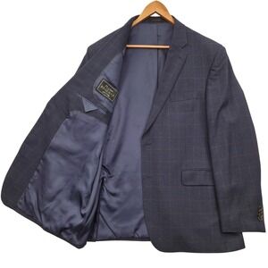 Jos A Bank Reserve Silk Wool Blue Windowpane Plaid Mens 44R Blazer Sport Coat
